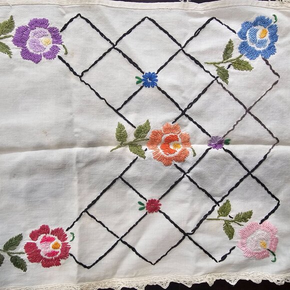 Vintage Hand Embroidered Table Runner Floral 45x13 - Picture 1 of 8